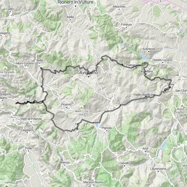 Miniatura della mappa di ispirazione al ciclismo "Giro dei Borghi Lucani" nella regione di Basilicata, Italy. Generata da Tarmacs.app, pianificatore di rotte ciclistiche