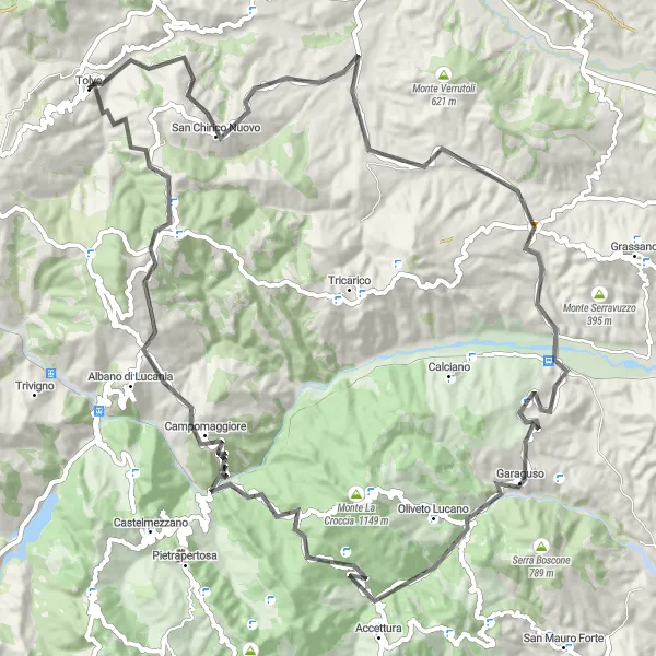 Miniatura della mappa di ispirazione al ciclismo "Ciclovia delle Montagne Lucane" nella regione di Basilicata, Italy. Generata da Tarmacs.app, pianificatore di rotte ciclistiche