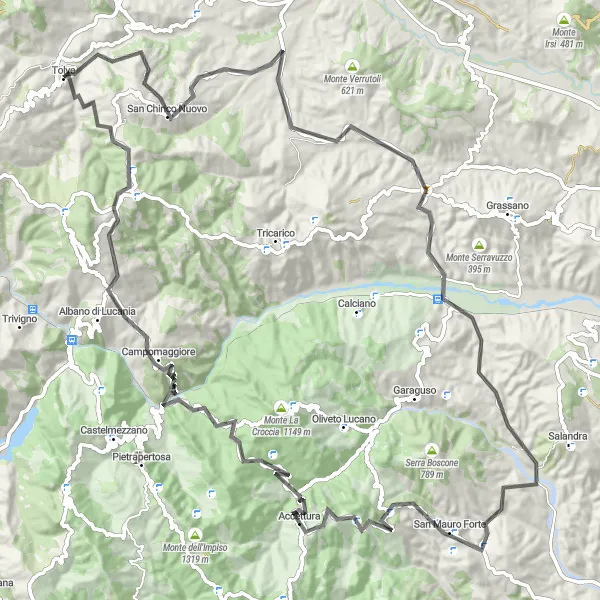 Miniatura della mappa di ispirazione al ciclismo "Ciclovia dei Sentieri Lucani" nella regione di Basilicata, Italy. Generata da Tarmacs.app, pianificatore di rotte ciclistiche