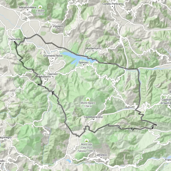 Miniatura della mappa di ispirazione al ciclismo "Giro in bicicletta da Tramutola al Lago del Pertusillo" nella regione di Basilicata, Italy. Generata da Tarmacs.app, pianificatore di rotte ciclistiche