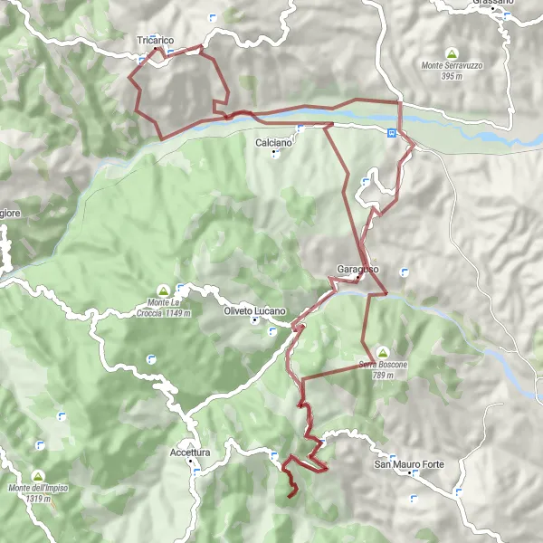 Map miniature of "Gravel Adventure in Tricarico" cycling inspiration in Basilicata, Italy. Generated by Tarmacs.app cycling route planner