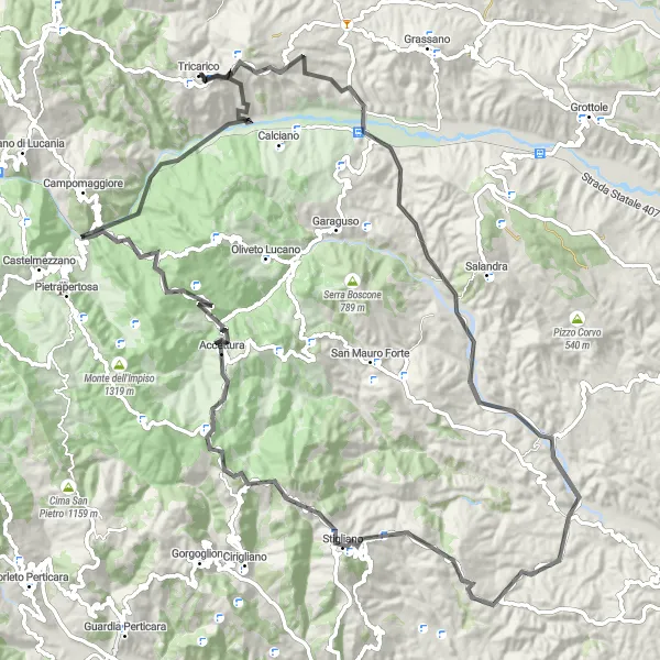 Miniatura della mappa di ispirazione al ciclismo "Serra di Grillo e Monte Malerba" nella regione di Basilicata, Italy. Generata da Tarmacs.app, pianificatore di rotte ciclistiche