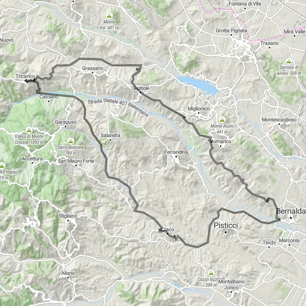 Miniatura della mappa di ispirazione al ciclismo "Giro ciclistico da Tricarico a Calciano" nella regione di Basilicata, Italy. Generata da Tarmacs.app, pianificatore di rotte ciclistiche