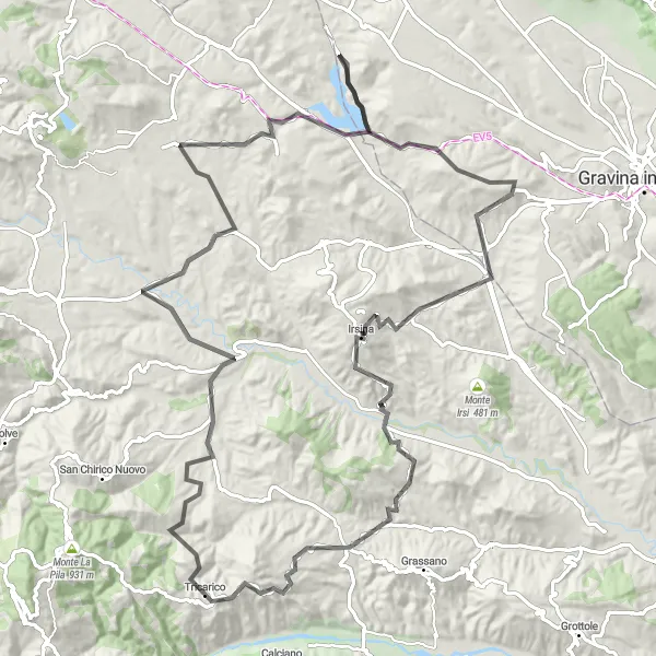 Miniatura della mappa di ispirazione al ciclismo "Percorso ciclistico da Tricarico a Irsina" nella regione di Basilicata, Italy. Generata da Tarmacs.app, pianificatore di rotte ciclistiche