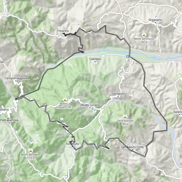 Miniatura della mappa di ispirazione al ciclismo "Tour in bicicletta tra Tricarico e Accettura" nella regione di Basilicata, Italy. Generata da Tarmacs.app, pianificatore di rotte ciclistiche