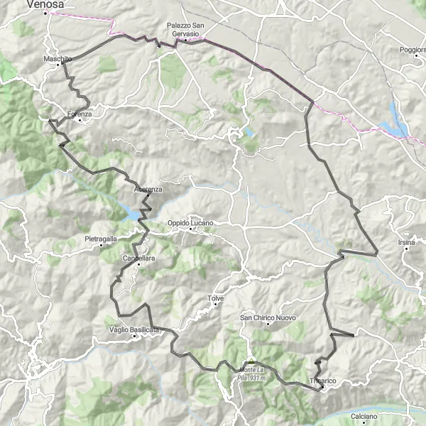 Miniatura della mappa di ispirazione al ciclismo "Viaggio in bicicletta da Tricarico attraverso Acerenza e Forenza" nella regione di Basilicata, Italy. Generata da Tarmacs.app, pianificatore di rotte ciclistiche