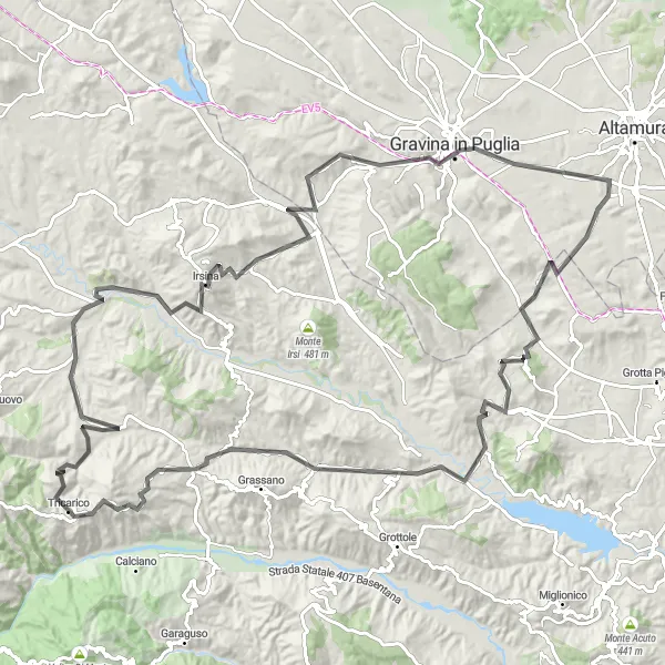Miniatura della mappa di ispirazione al ciclismo "Giro in bicicletta da Tricarico a Gravina in Puglia" nella regione di Basilicata, Italy. Generata da Tarmacs.app, pianificatore di rotte ciclistiche