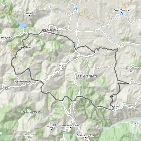 Miniatura della mappa di ispirazione al ciclismo "Oppido Lucano e Casa del Poeta" nella regione di Basilicata, Italy. Generata da Tarmacs.app, pianificatore di rotte ciclistiche