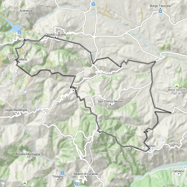 Miniatura della mappa di ispirazione al ciclismo "Oppido Lucano e Casa del Poeta" nella regione di Basilicata, Italy. Generata da Tarmacs.app, pianificatore di rotte ciclistiche