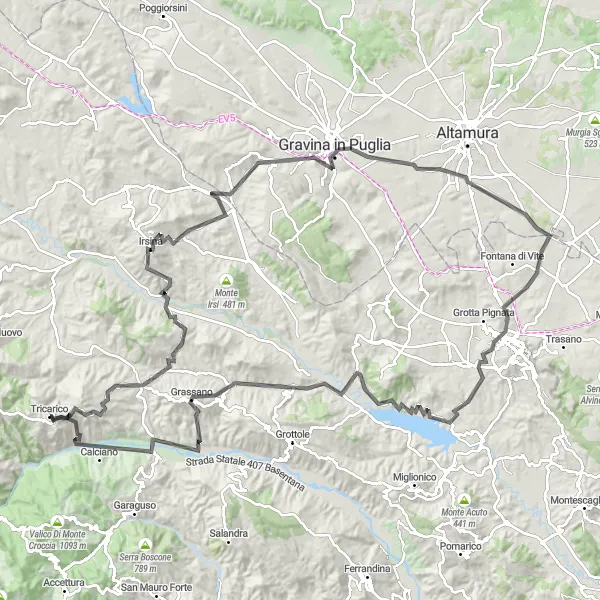 Miniatura della mappa di ispirazione al ciclismo "Complesso rupestre e Serra Rifusa" nella regione di Basilicata, Italy. Generata da Tarmacs.app, pianificatore di rotte ciclistiche