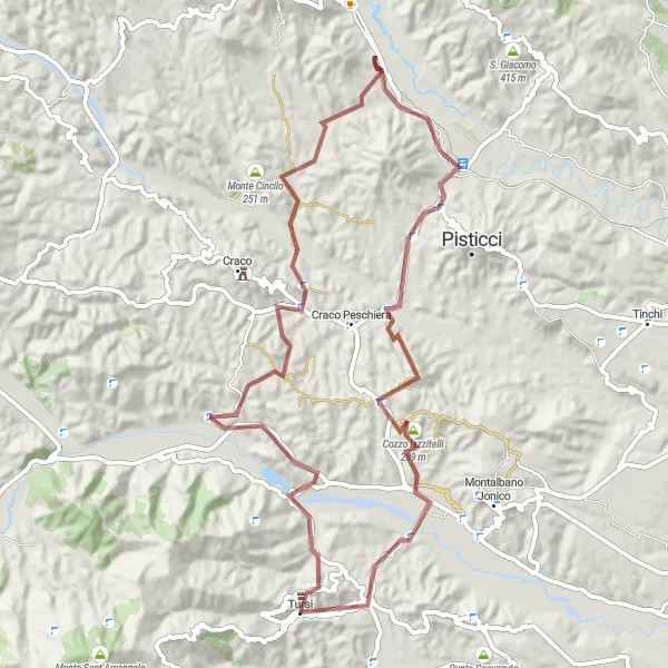 Miniatura della mappa di ispirazione al ciclismo "Giro in bicicletta tra Belvedere Pizzo di San Michele e Cozzo Iazzitelli" nella regione di Basilicata, Italy. Generata da Tarmacs.app, pianificatore di rotte ciclistiche