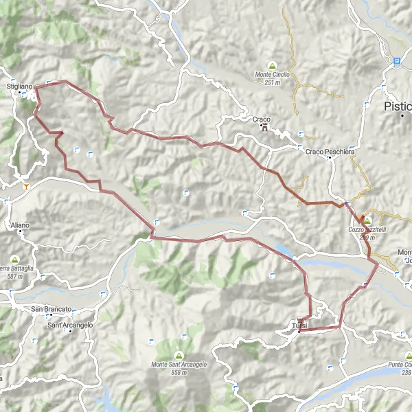 Miniatura della mappa di ispirazione al ciclismo "Giro in Gravel attraverso Belvedere Pizzo di San Michele" nella regione di Basilicata, Italy. Generata da Tarmacs.app, pianificatore di rotte ciclistiche