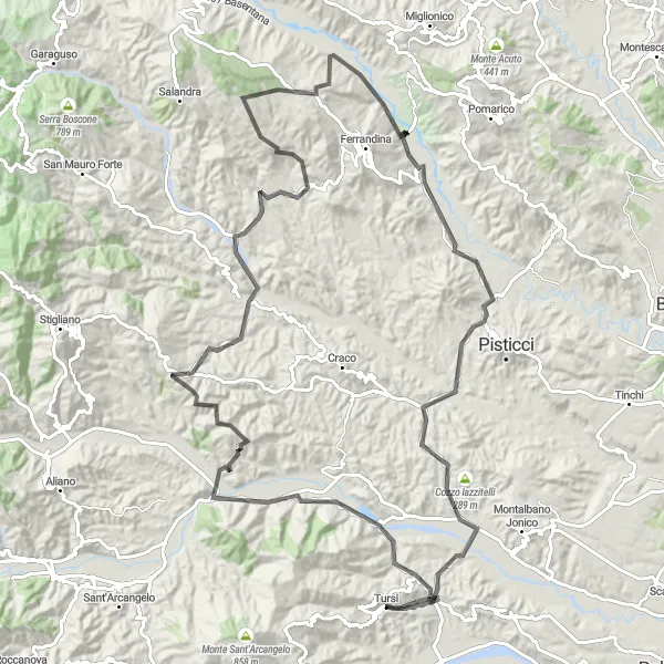 Map miniature of "Basilicata Panorama Road Cycling" cycling inspiration in Basilicata, Italy. Generated by Tarmacs.app cycling route planner