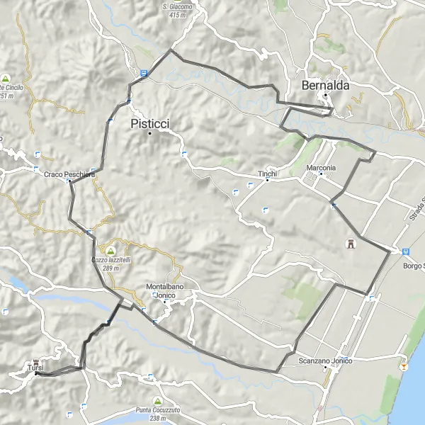 Map miniature of "Tursi and the Gothic Castle" cycling inspiration in Basilicata, Italy. Generated by Tarmacs.app cycling route planner