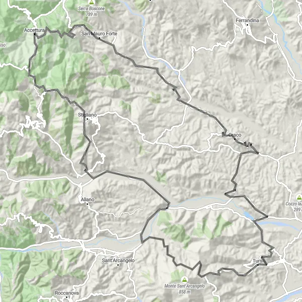 Map miniature of "Mountainous Adventure near Tursi" cycling inspiration in Basilicata, Italy. Generated by Tarmacs.app cycling route planner