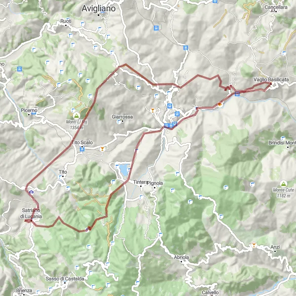 Miniatura della mappa di ispirazione al ciclismo "Avventuroso Tour in Gravel intorno a Vaglio Basilicata" nella regione di Basilicata, Italy. Generata da Tarmacs.app, pianificatore di rotte ciclistiche