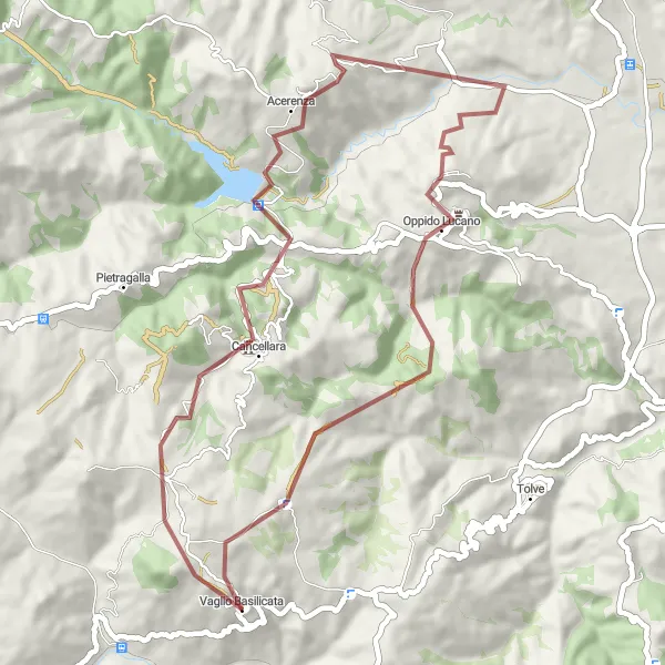Map miniature of "Tranquility in Gravel" cycling inspiration in Basilicata, Italy. Generated by Tarmacs.app cycling route planner