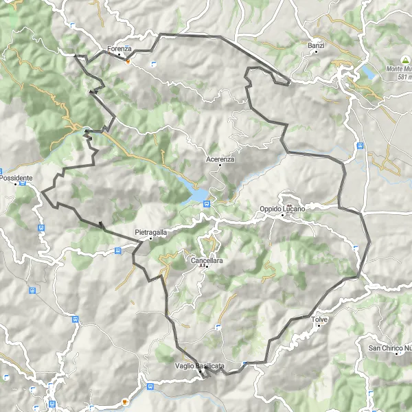 Miniatura della mappa di ispirazione al ciclismo "Tour panoramico in bicicletta partendo da Vaglio Basilicata" nella regione di Basilicata, Italy. Generata da Tarmacs.app, pianificatore di rotte ciclistiche