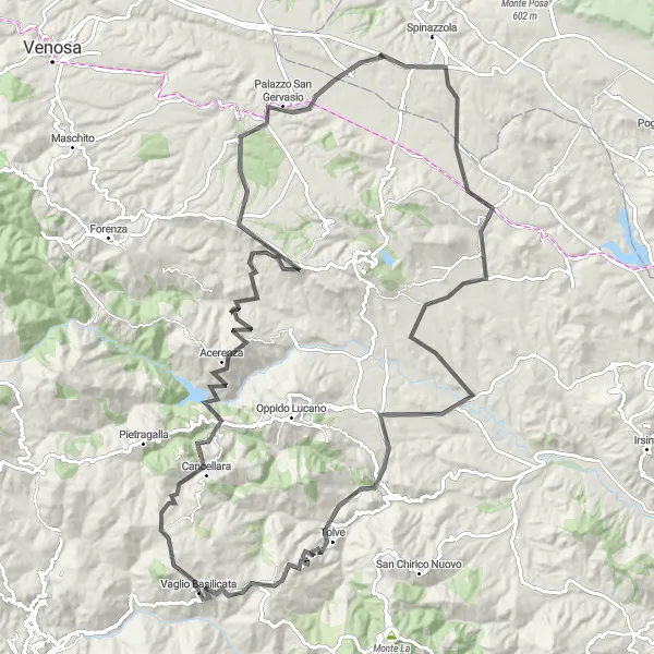 Miniatura della mappa di ispirazione al ciclismo "Giro delle Colline Lucane" nella regione di Basilicata, Italy. Generata da Tarmacs.app, pianificatore di rotte ciclistiche