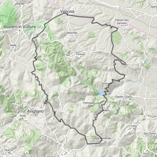 Map miniature of "The Venosa Challenge" cycling inspiration in Basilicata, Italy. Generated by Tarmacs.app cycling route planner