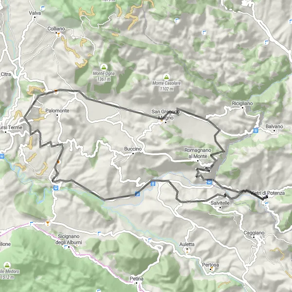 Map miniature of "The Great Salvitelle Challenge" cycling inspiration in Basilicata, Italy. Generated by Tarmacs.app cycling route planner