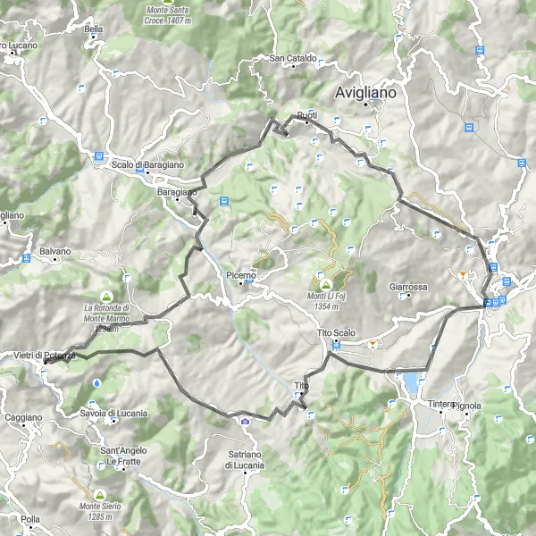 Miniatura della mappa di ispirazione al ciclismo "Circuito tra Potenza e Monte Caruso" nella regione di Basilicata, Italy. Generata da Tarmacs.app, pianificatore di rotte ciclistiche