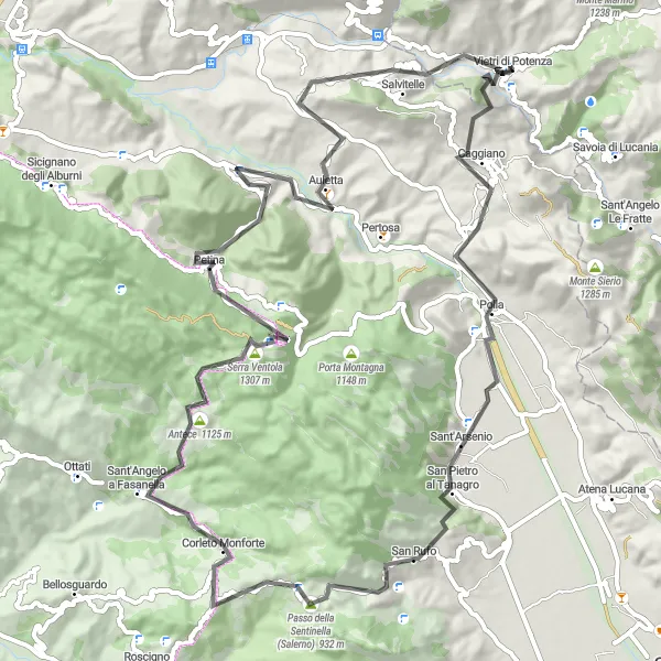 Map miniature of "Road Cycling Route from Vietri di Potenza to Madonna della Montagna" cycling inspiration in Basilicata, Italy. Generated by Tarmacs.app cycling route planner