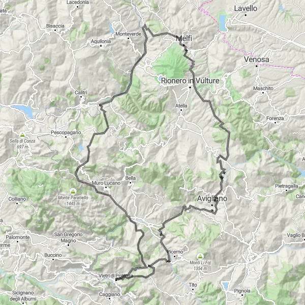 Miniatura della mappa di ispirazione al ciclismo "Tra Monti e Borghi Antichi" nella regione di Basilicata, Italy. Generata da Tarmacs.app, pianificatore di rotte ciclistiche
