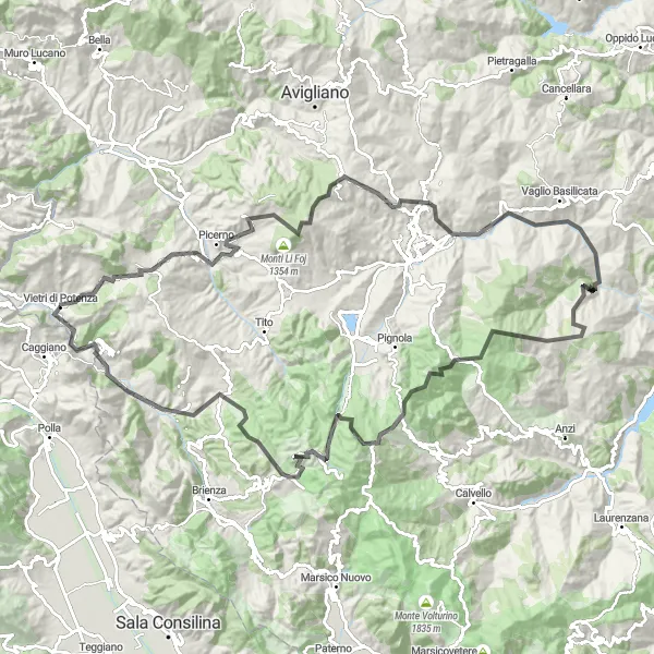 Miniatura della mappa di ispirazione al ciclismo "Giro dei Monti Lucani" nella regione di Basilicata, Italy. Generata da Tarmacs.app, pianificatore di rotte ciclistiche