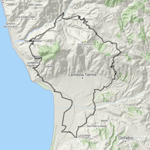 Miniatura della mappa di ispirazione al ciclismo "Giro in bicicletta da Acconia a Feroleto Antico" nella regione di Calabria, Italy. Generata da Tarmacs.app, pianificatore di rotte ciclistiche