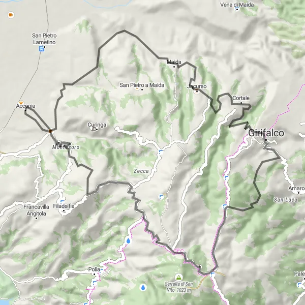 Miniatura della mappa di ispirazione al ciclismo "Tour in bicicletta da Acconia a Montesoro" nella regione di Calabria, Italy. Generata da Tarmacs.app, pianificatore di rotte ciclistiche