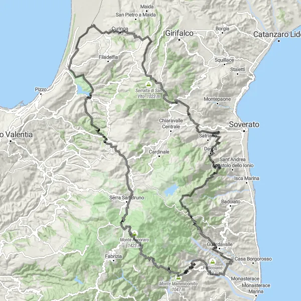 Miniatura della mappa di ispirazione al ciclismo "Giro in bicicletta da Acconia a Stilo" nella regione di Calabria, Italy. Generata da Tarmacs.app, pianificatore di rotte ciclistiche