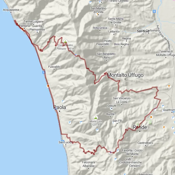 Miniatura della mappa di ispirazione al ciclismo "Giro Gravel tra Rende e Arcavacata" nella regione di Calabria, Italy. Generata da Tarmacs.app, pianificatore di rotte ciclistiche
