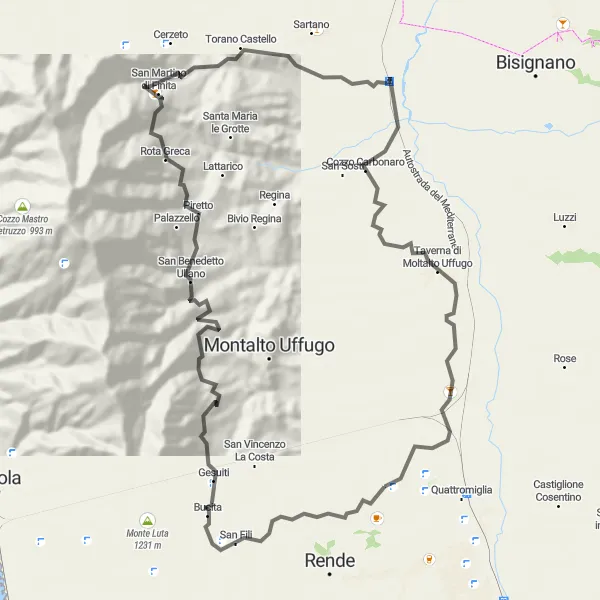 Miniatura della mappa di ispirazione al ciclismo "Cicloturismo in Calabria" nella regione di Calabria, Italy. Generata da Tarmacs.app, pianificatore di rotte ciclistiche