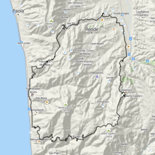 Miniatura della mappa di ispirazione al ciclismo "Giro in bicicletta a Arcavacata e dintorni" nella regione di Calabria, Italy. Generata da Tarmacs.app, pianificatore di rotte ciclistiche