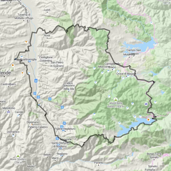 Miniatura della mappa di ispirazione al ciclismo "Giro Strada con Partenza da Arcavacata" nella regione di Calabria, Italy. Generata da Tarmacs.app, pianificatore di rotte ciclistiche