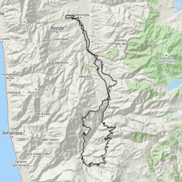 Miniatura della mappa di ispirazione al ciclismo "Giro Strada con Partenza da Arcavacata II" nella regione di Calabria, Italy. Generata da Tarmacs.app, pianificatore di rotte ciclistiche