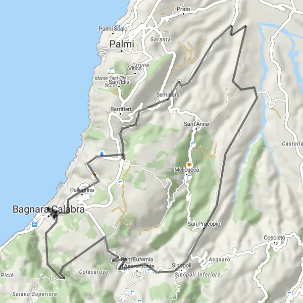 Map miniature of "Bagnara Loop" cycling inspiration in Calabria, Italy. Generated by Tarmacs.app cycling route planner