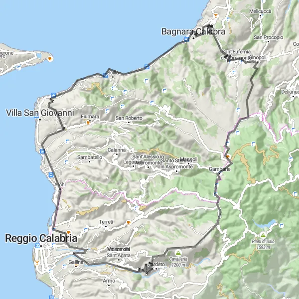 Map miniature of "Mountainous Adventure" cycling inspiration in Calabria, Italy. Generated by Tarmacs.app cycling route planner