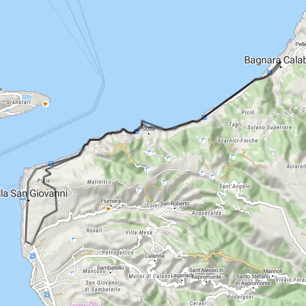 Map miniature of "The Coastal Delight" cycling inspiration in Calabria, Italy. Generated by Tarmacs.app cycling route planner