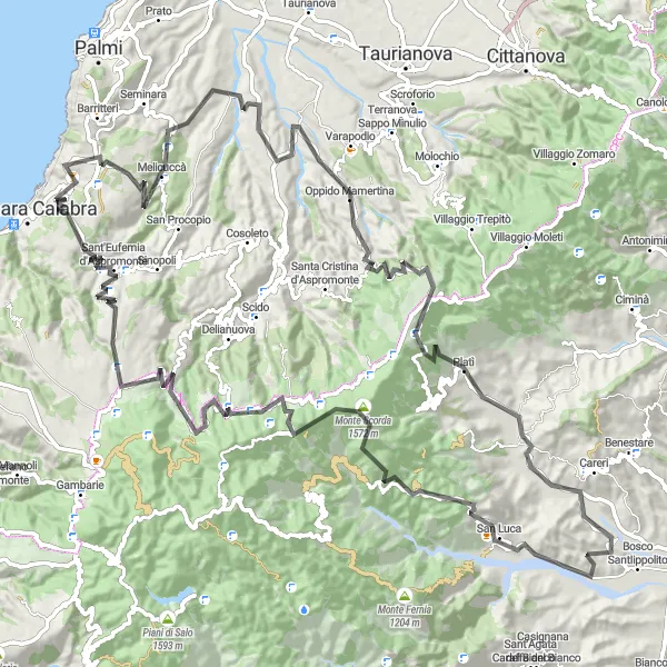 Map miniature of "The Mountain Challenge" cycling inspiration in Calabria, Italy. Generated by Tarmacs.app cycling route planner