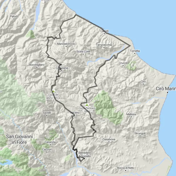 Map miniature of "Belvedere Spinello - Cozzo del Morto Round Trip" cycling inspiration in Calabria, Italy. Generated by Tarmacs.app cycling route planner