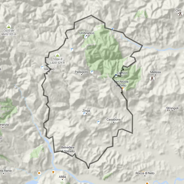 Map miniature of "Belvedere Spinello - Carfizzi Round Trip" cycling inspiration in Calabria, Italy. Generated by Tarmacs.app cycling route planner