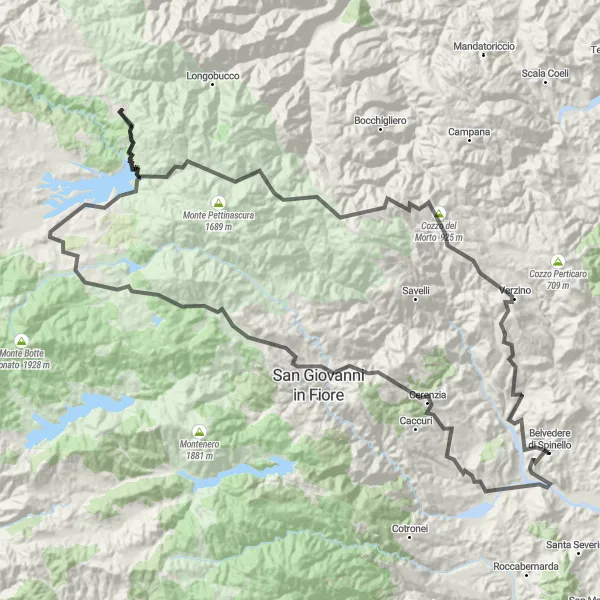 Map miniature of "Belvedere Spinello - Cozzo del Morto Round Trip" cycling inspiration in Calabria, Italy. Generated by Tarmacs.app cycling route planner