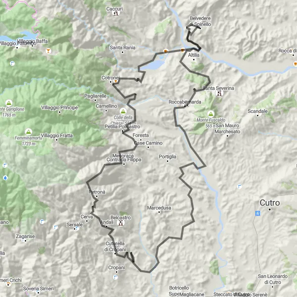 Map miniature of "The Altilia Circuit" cycling inspiration in Calabria, Italy. Generated by Tarmacs.app cycling route planner