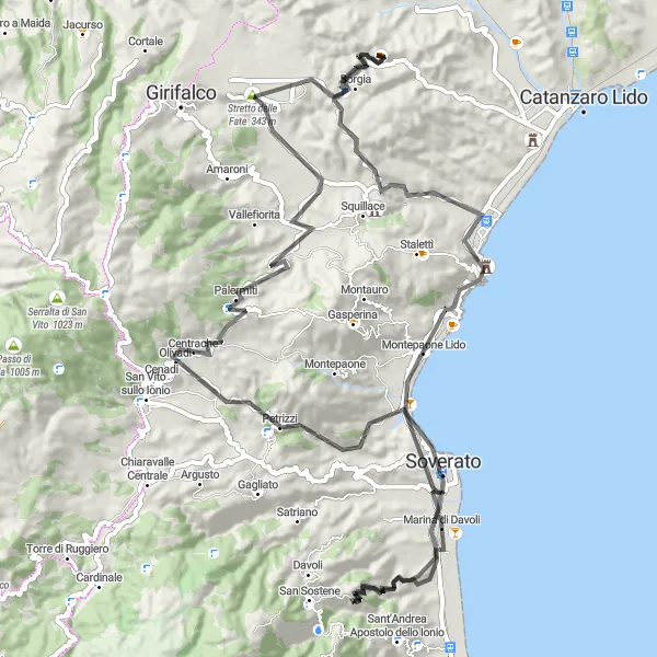 Miniatura della mappa di ispirazione al ciclismo "Tour ciclistico da Borgia a Soverato" nella regione di Calabria, Italy. Generata da Tarmacs.app, pianificatore di rotte ciclistiche