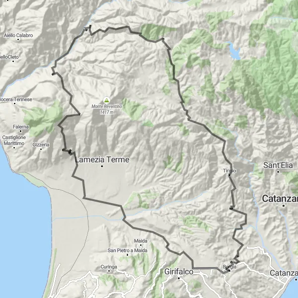 Map miniature of "Embrace the Challenges of Calabria's Hills" cycling inspiration in Calabria, Italy. Generated by Tarmacs.app cycling route planner