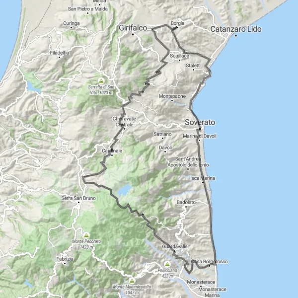 Miniatura della mappa di ispirazione al ciclismo "Giro in bicicletta da Borgia a Guardavalle" nella regione di Calabria, Italy. Generata da Tarmacs.app, pianificatore di rotte ciclistiche