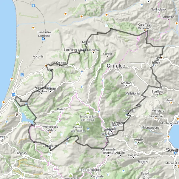 Miniatura della mappa di ispirazione al ciclismo "Giro in bicicletta attraverso Castello di Squillace" nella regione di Calabria, Italy. Generata da Tarmacs.app, pianificatore di rotte ciclistiche