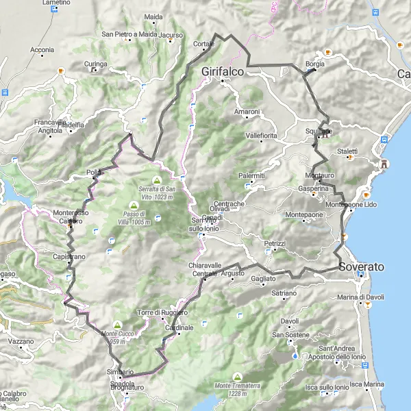 Miniatura della mappa di ispirazione al ciclismo "Alla scoperta di Spadola in bicicletta" nella regione di Calabria, Italy. Generata da Tarmacs.app, pianificatore di rotte ciclistiche